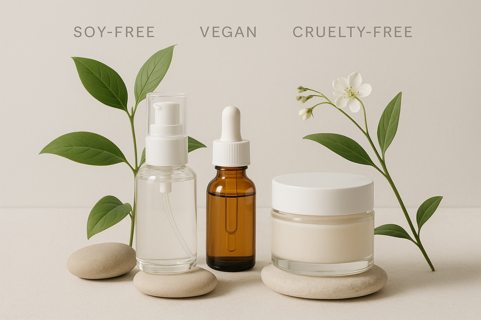 clean beauty skincare image for a soy free, vegan, cruelty free product showcasing nature